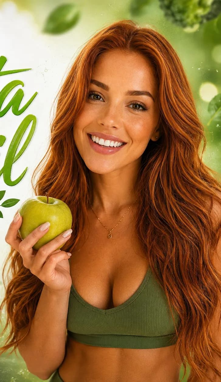 Mulher sorrindo segurando uma maçã verde